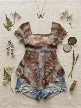 90s Y2K Cha Cha Vente Blue Brown Tie Dye Gradient Mesh Fairy Top